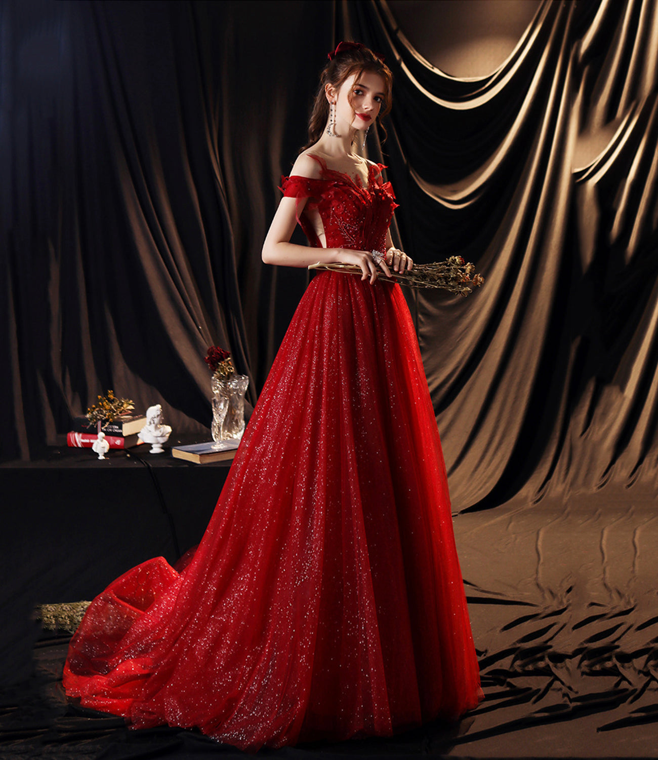 Red tulle sequins long prom dress A line evening gown  10355
