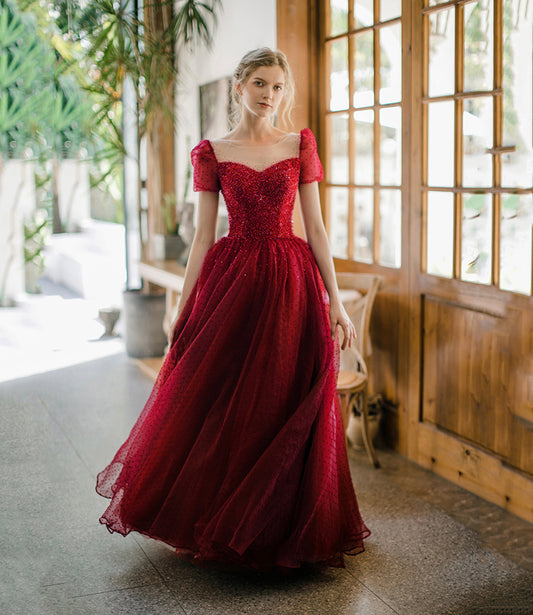 Burgundy Sparkling Beaded A-line Long Tulle Elegant Ball Gown Evening Dress 8645