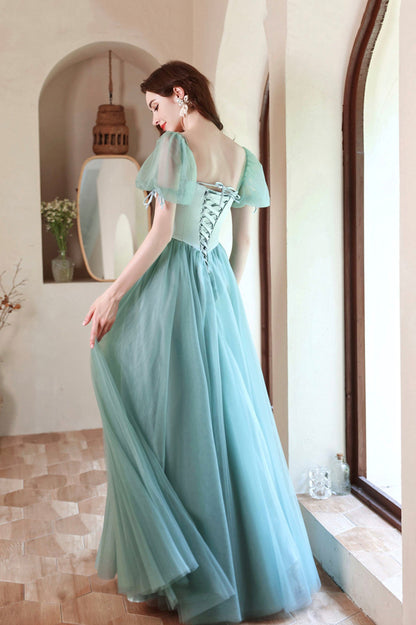 Green satin tulle long prom dress green evening dress  10618