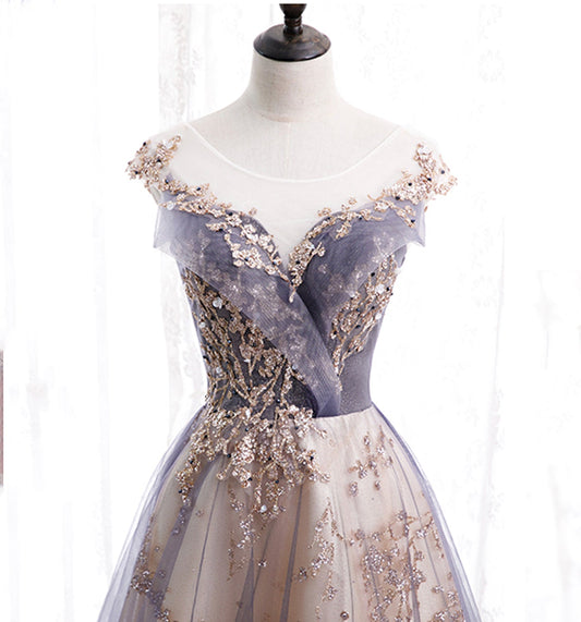 Cute tulle sequins long prom dress evening dress  10011