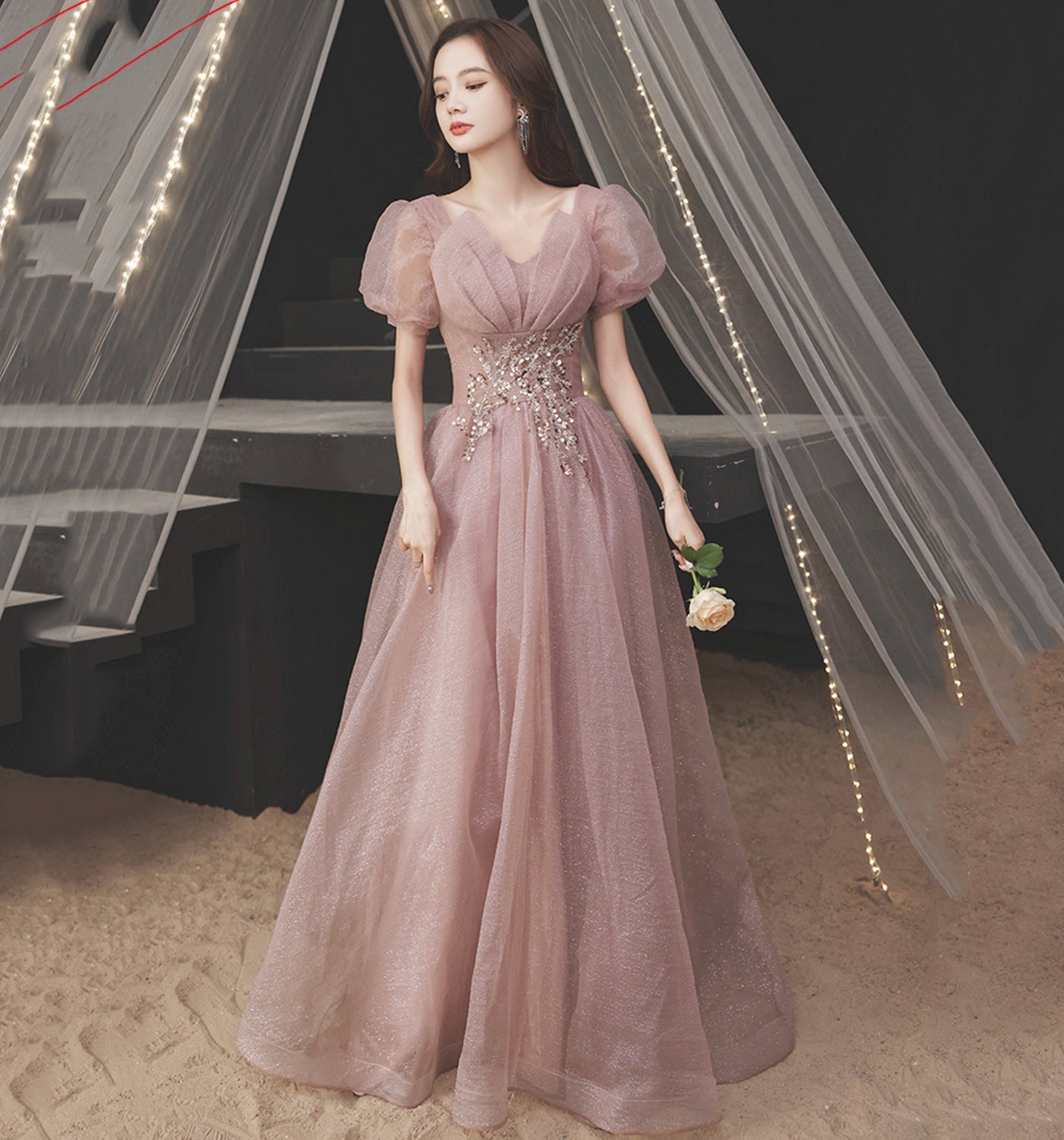 Pink tulle sequins long prom dress A line evening gown  10015