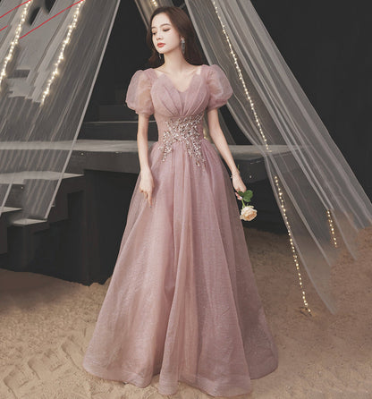 Pink tulle sequins long prom dress A line evening gown  10015
