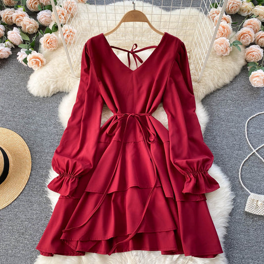 Simple V Neck Long Sleeve Dress Fashion Dress  10775