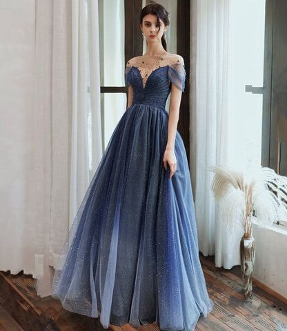 Blue tulle sequins long prom dress blue evening dress  10477