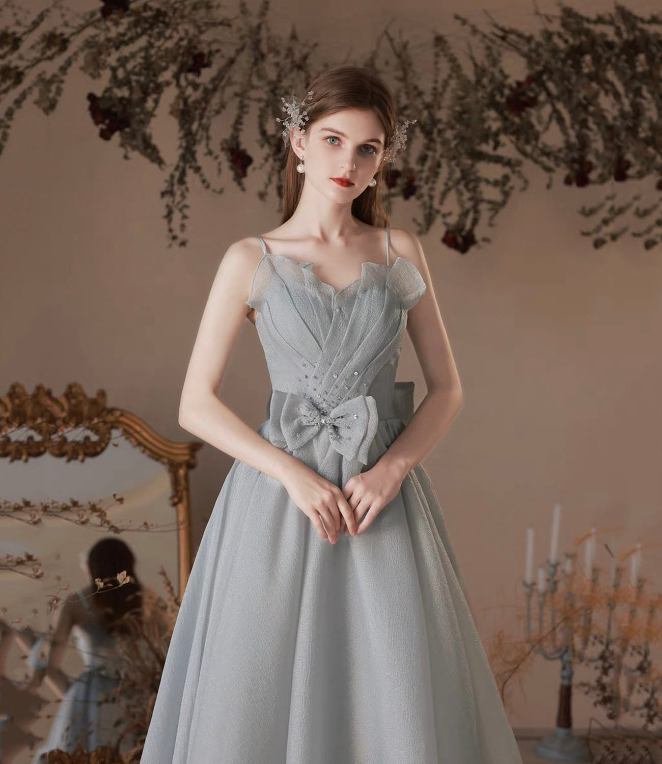 Gray soft chiffon long prom dress A line evening dress  10427