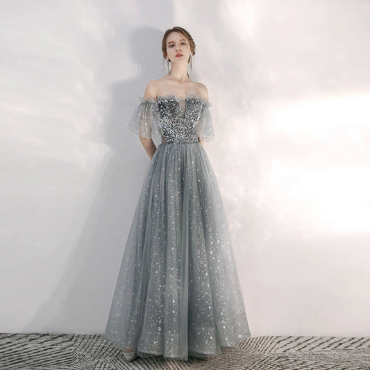 Gray tulle sequins long prom gown  8169