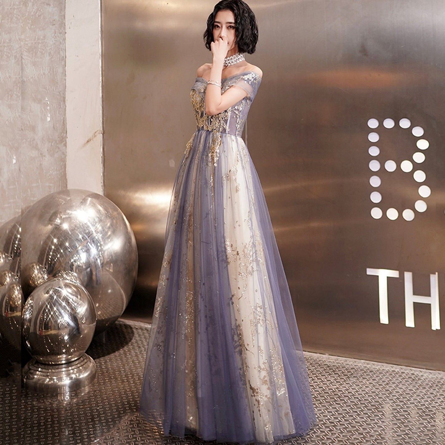 Cute tulle sequins long prom dress evening dress  8998