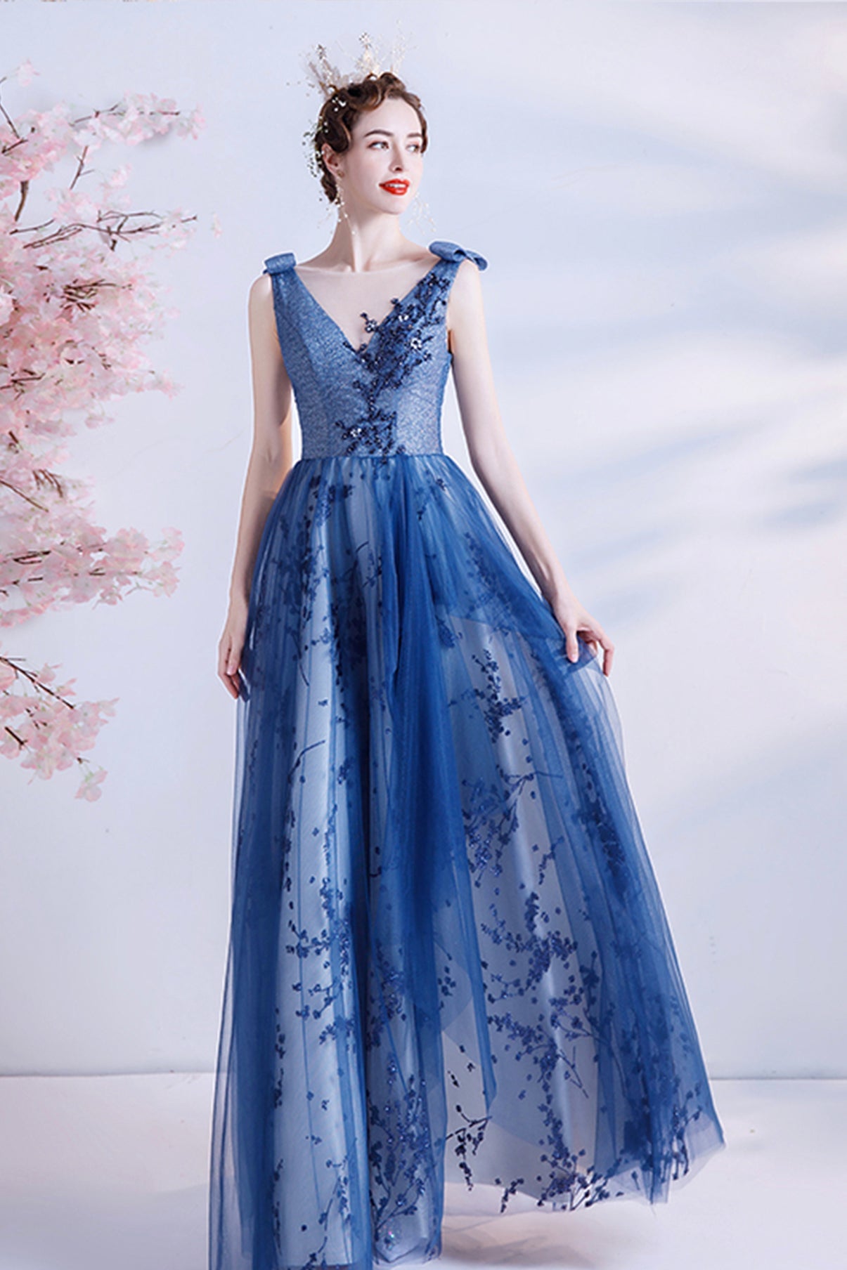 Elegant tulle sequins long A line prom dress evening dress  8702