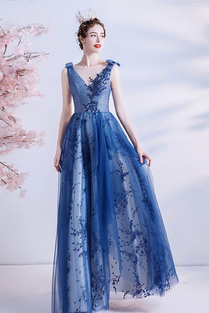 Elegant tulle sequins long A line prom dress evening dress  8702
