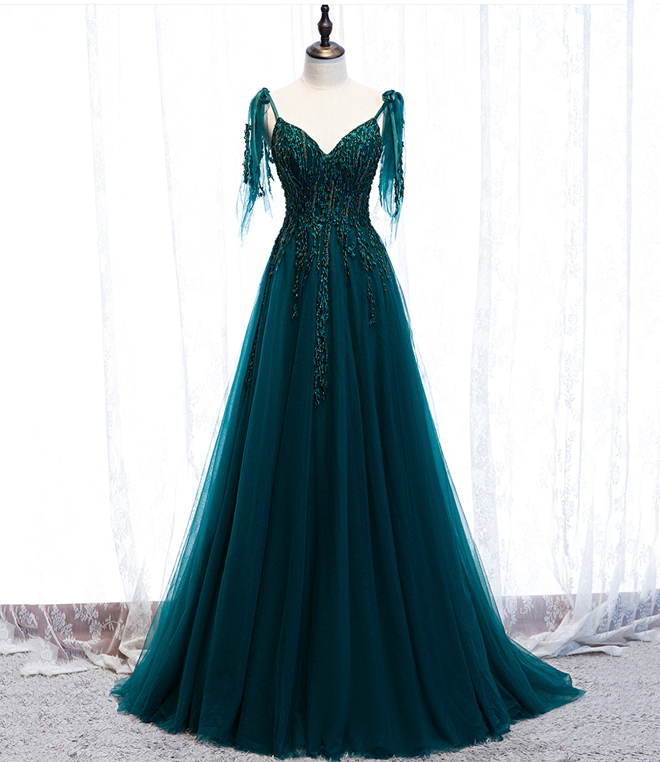 Green gorgeous exquisite beaded lace A-line long tulle ball gown evening dress 10357
