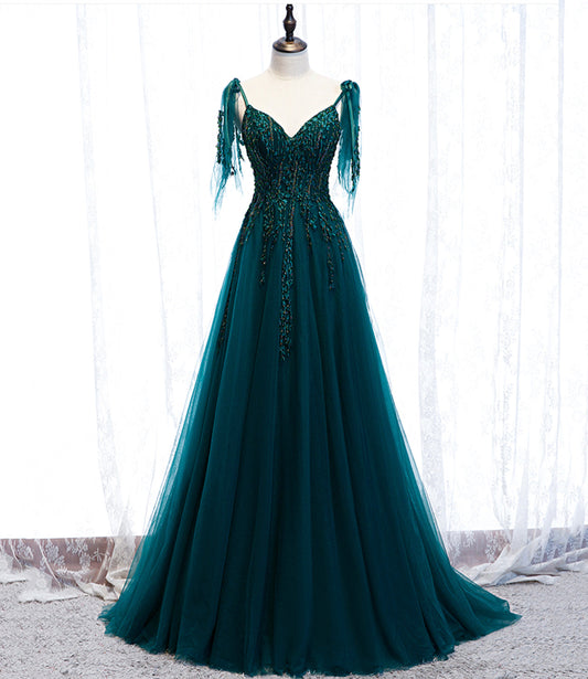 Green gorgeous exquisite beaded lace A-line long tulle ball gown evening dress 10357