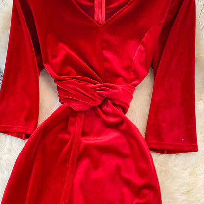 Stylish V Neck Velvet Long Dress Fahsion Dress  10938