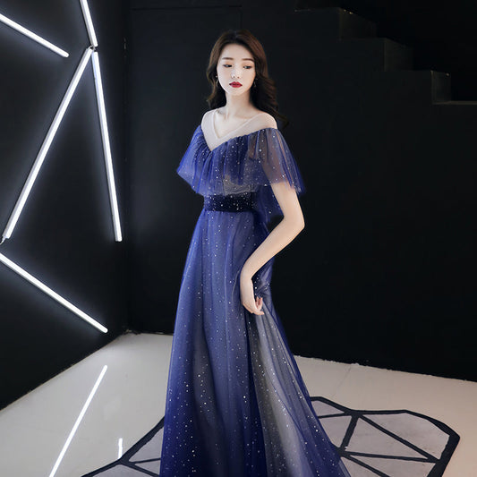 Blue tulle sequins long prom dress  8336