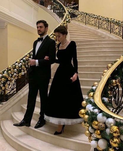 Vestidos de noche clásicos de terciopelo negro, corte A, mangas largas, vestido formal de fiesta para mujer