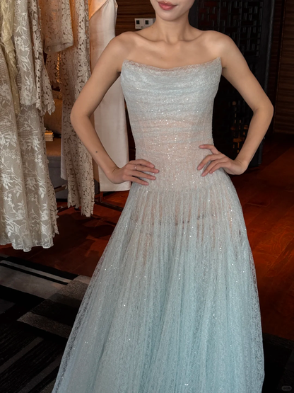 Romantic Blue A Line Strapless Sequin Tulle Long Prom Dress Gown Dress SH3582