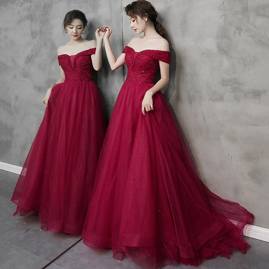 Burgundy tulle beads long prom dress A line evening dress  8997