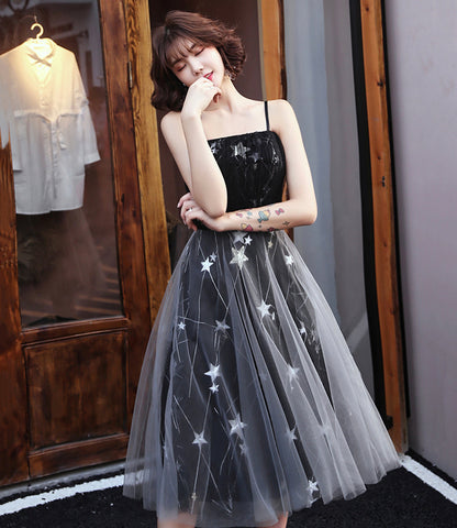 Black tulle short prom dress with star  8850