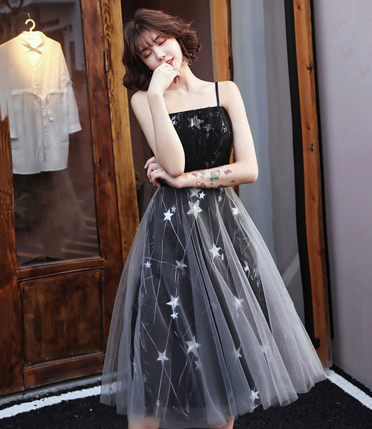 Black tulle short prom dress with star  8850