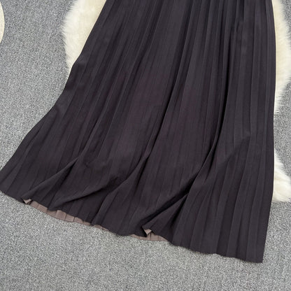 Versatile A-line pleated skirt, elastic waist, medium length, over Knee Skirt  11291