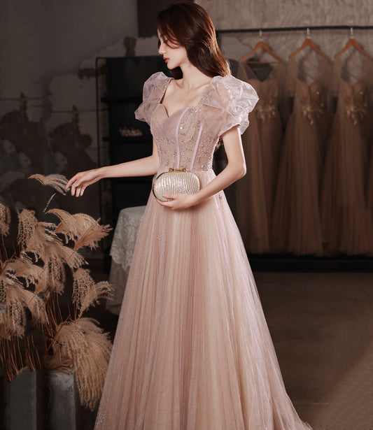 Pink tulle beads long prom dress A line evening dress  10320