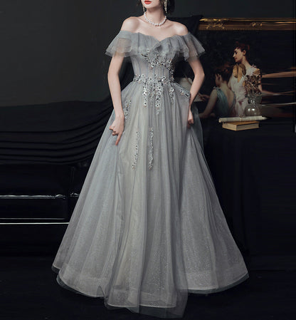 Gray tulle lace long prom dress evening dress  8436