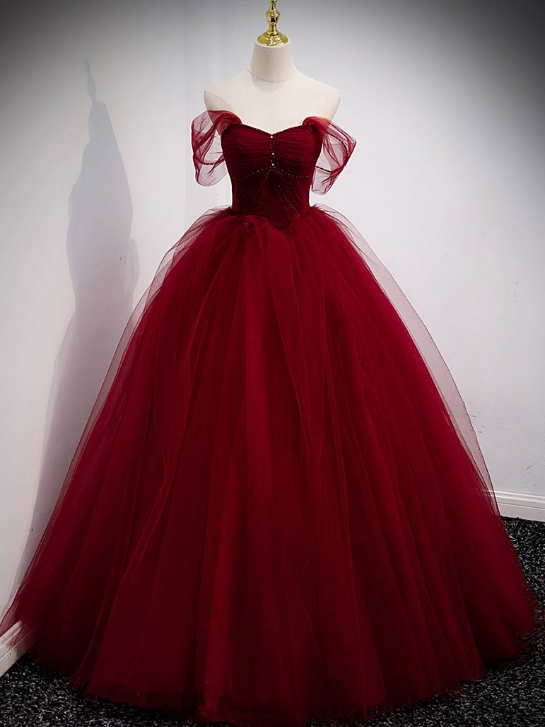 Vestido de fiesta largo de tul con escote corazón color burdeos, vestido de noche color burdeos