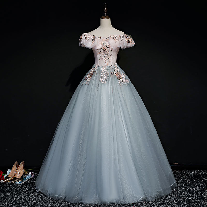 Gray tulle lace long ball gown dress formal dress  8722