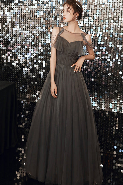 Gray tulle long A line prom dress evening dress  8672