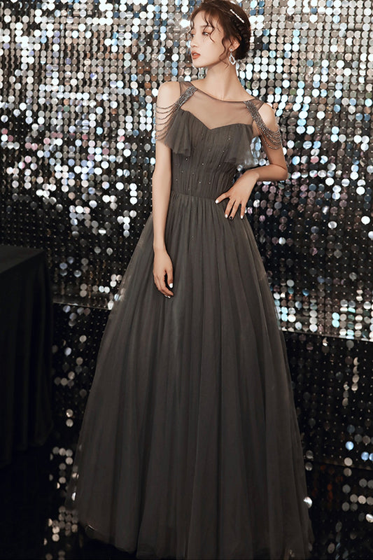 Gray tulle long A line prom dress evening dress  8672
