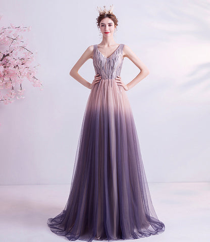 Purple gradient tulle long A line prom dress evening dress  8749