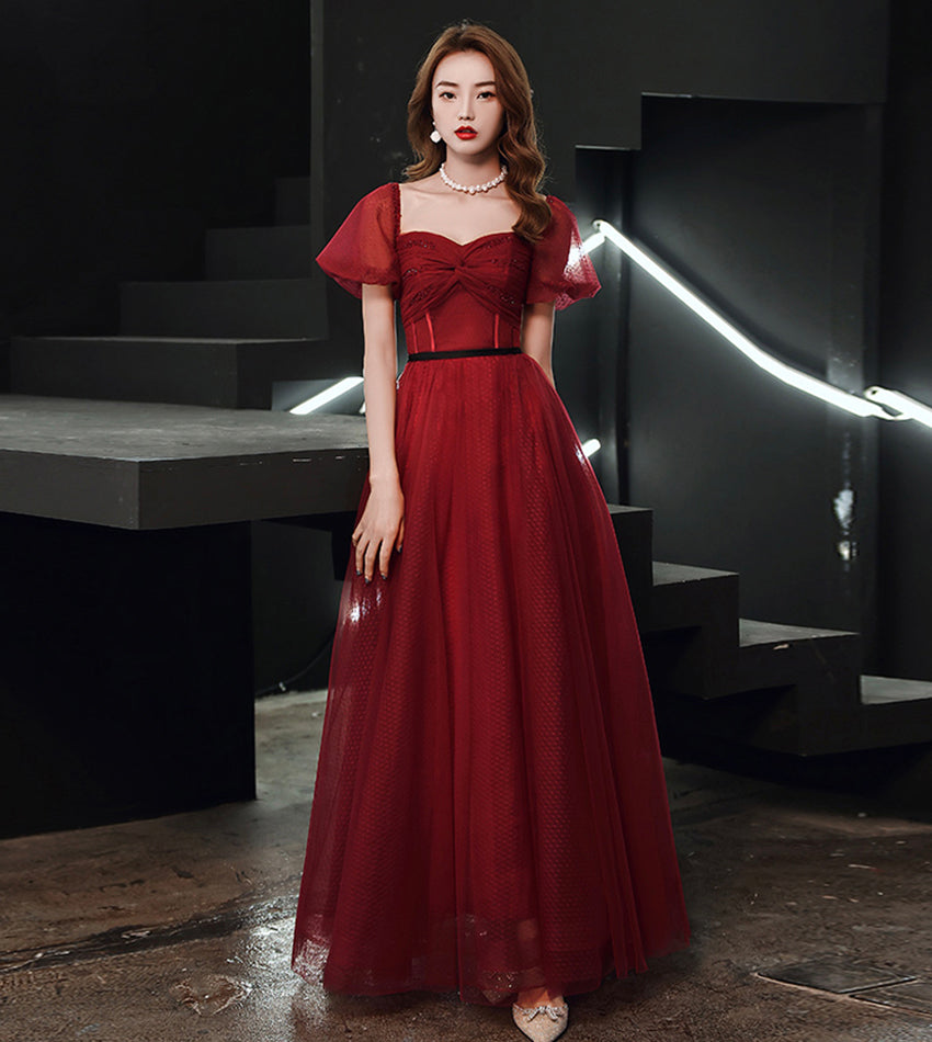 Burgundy tulle long prom dress evening dress  8553