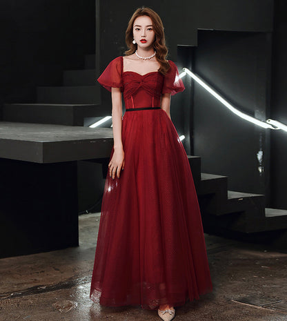 Burgundy tulle long prom dress evening dress  8553