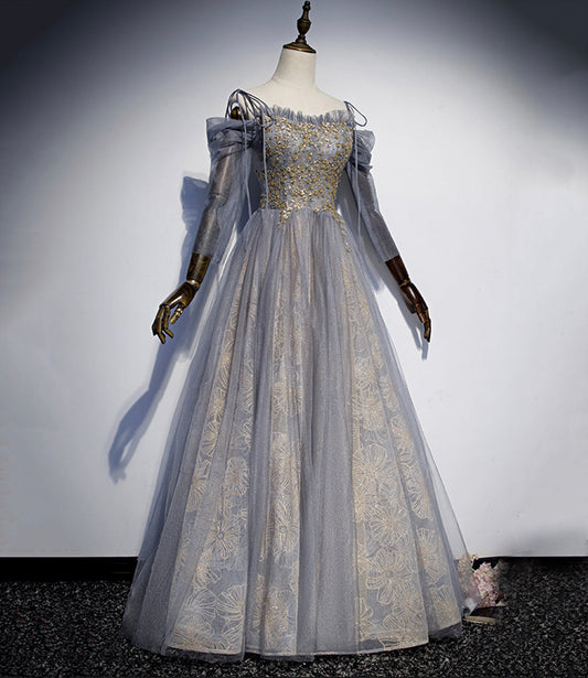 Gray tulle sequins long prom dress evening gown  10120