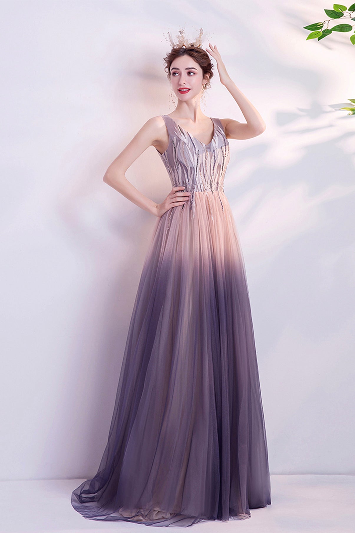 Purple gradient tulle long A line prom dress evening dress  8749