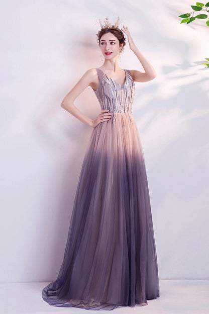 Purple gradient tulle long A line prom dress evening dress  8749