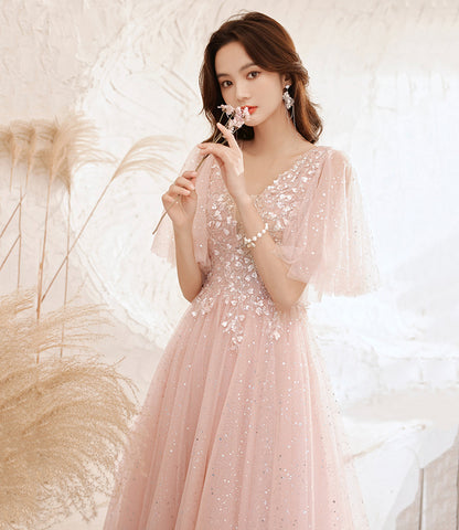 Pink tulle lace long prom dress pink evening dress  10525