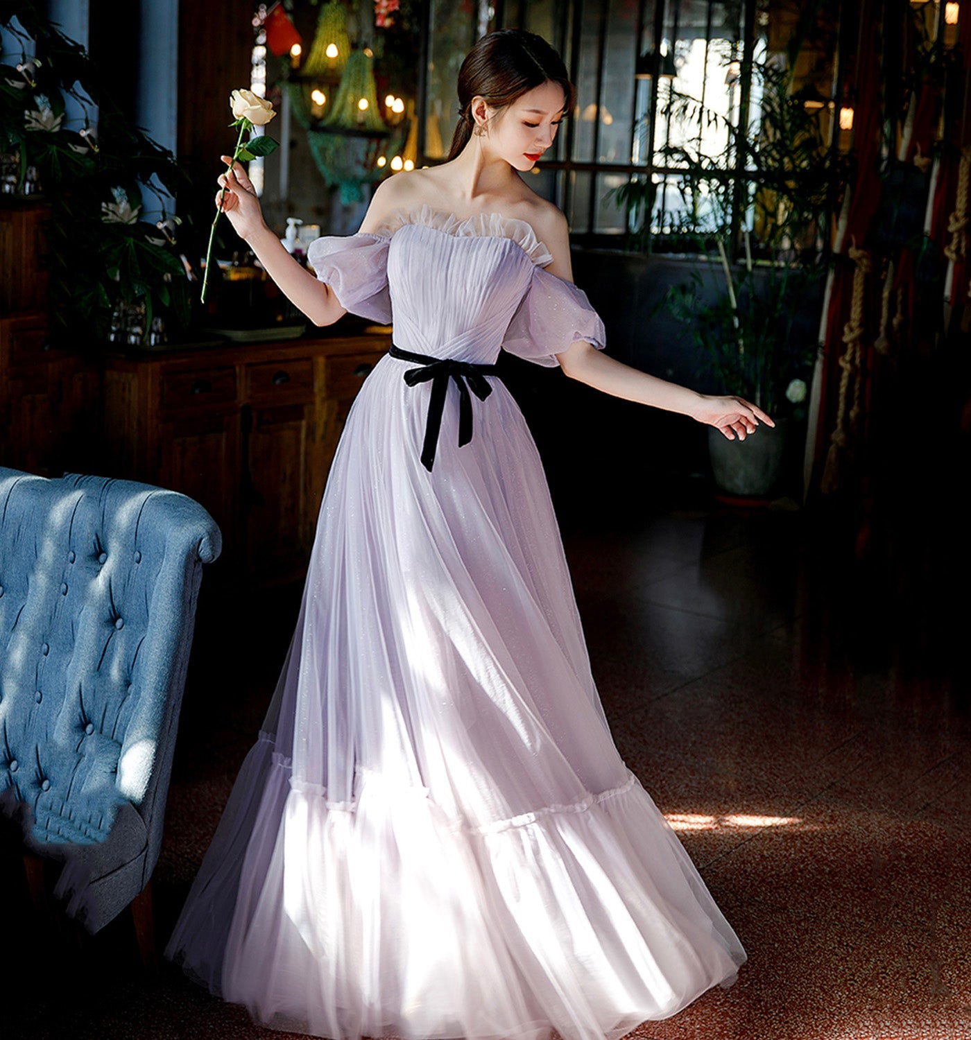 Purple tulle long A line prom gown evening gown  8951