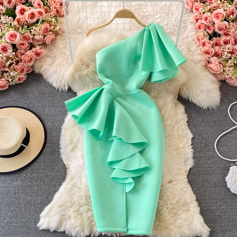 Stylish One Shoulder Satin Short Dress Party Dress  10918