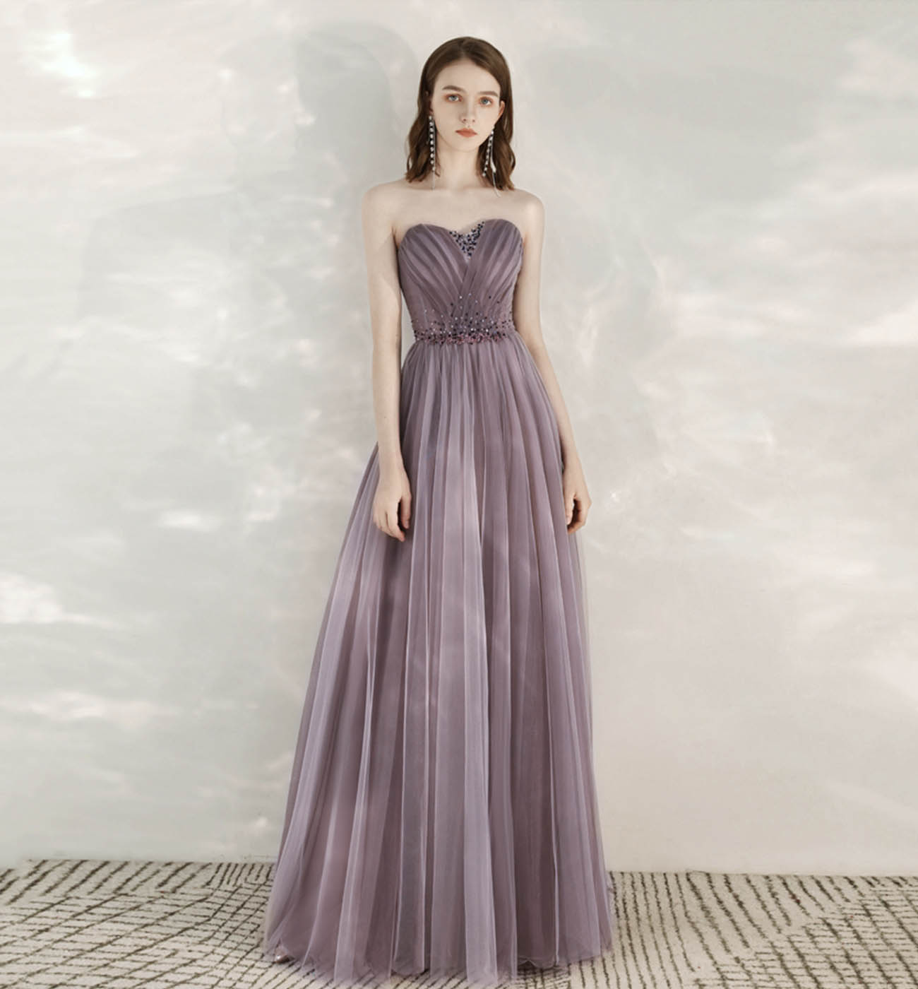 Purple tulle beads long prom dress evening dress  8613