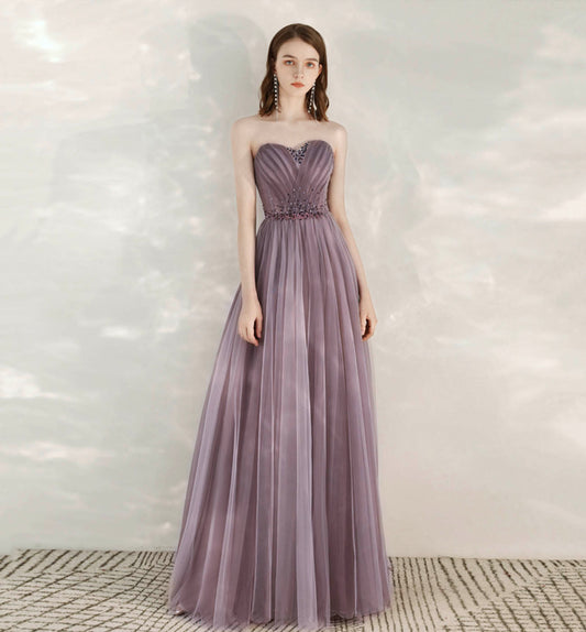Purple tulle beads long prom dress evening dress  8613