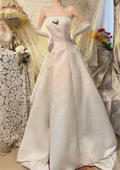 White exquisite bead long satin ball dress, evening dress, wedding dress gh4511