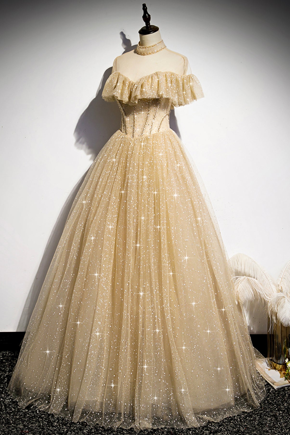Gold A line sequins long ball gown dress formal dress  8597