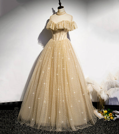 Gold tulle sequins long ball gown dress formal dress  8549