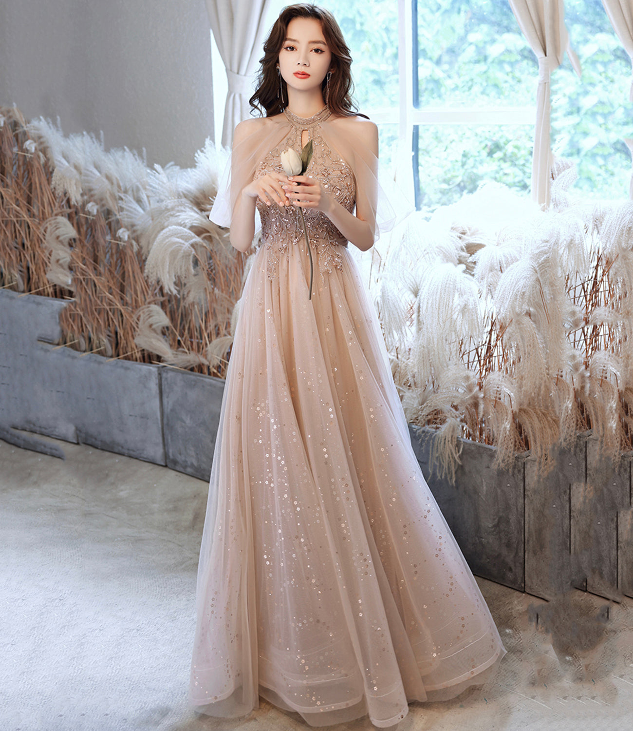 Champagne tulle sequins long A line prom dress evening dress  8683