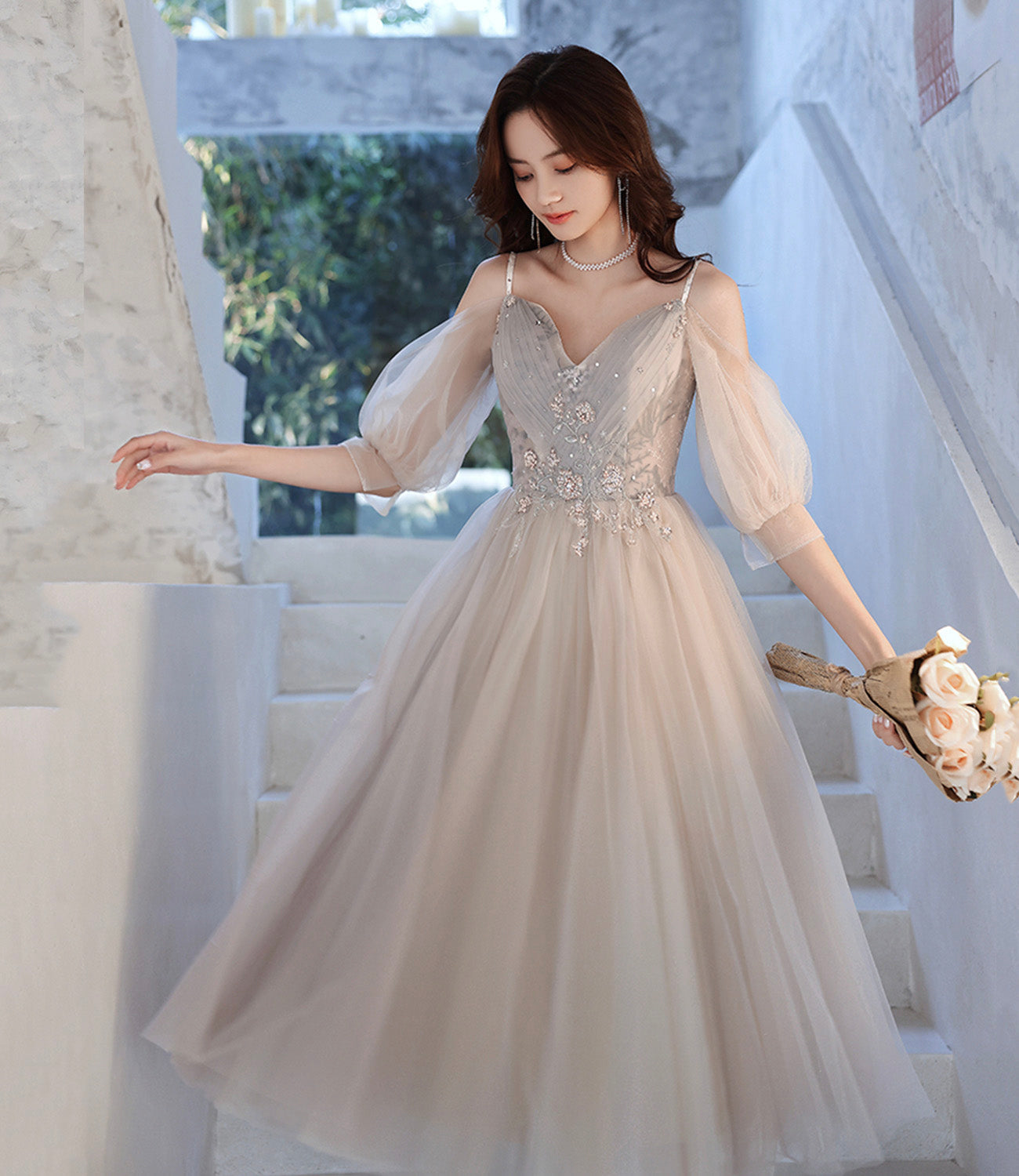 Cute tulle lace A line prom dress lace evening dress  10560