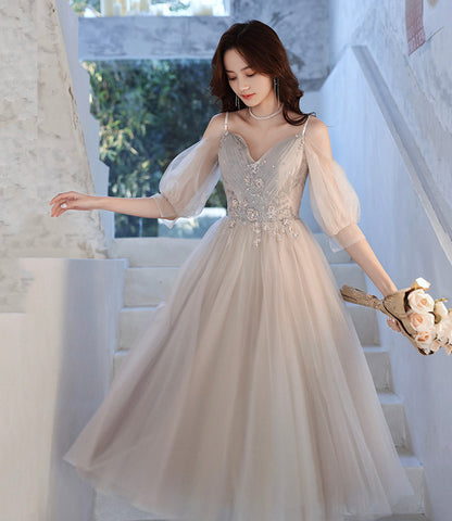 Cute tulle lace A line prom dress lace evening dress  10560