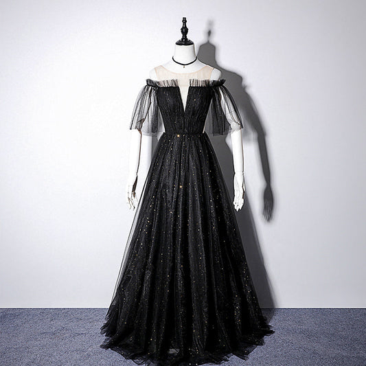 Black Shiny Elegant Fashion Tulle Long Sequin Ball Gown Evening Dress 8092