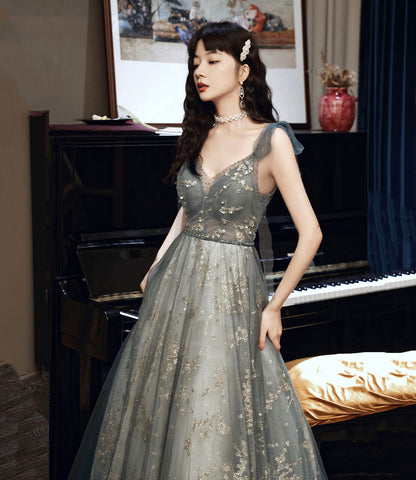 Gray tulle sequins A line prom dress gray evening dress  10433