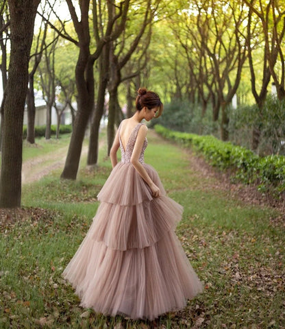 Stylish tulle beads long prom dress A line evening dress  10326