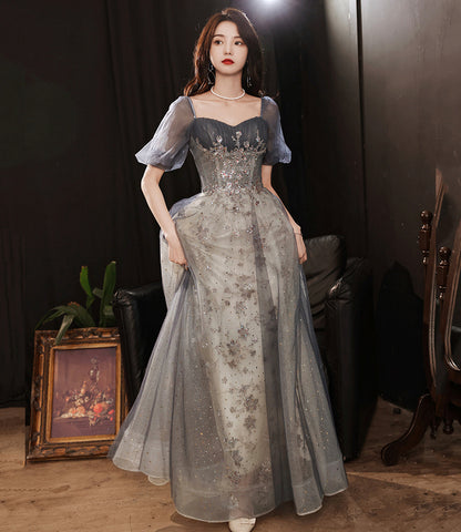 Gray tulle sequins long prom dress gray evening dress  10252
